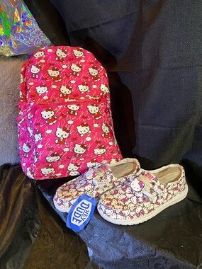 Hello Kitty Pink Patterned Backpack and Printed Slip-On Shoes